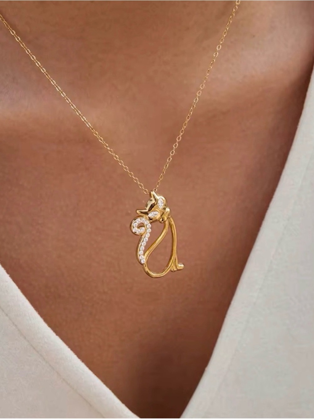 Gold Cat Pendant Necklace with Crystal Accents Hypoallergenic Waterproof